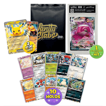 Pokemon Mystery Slab Pack – 1 V/VSTAR/VMAX/EX Card Sealed in Vanity Slab Display Case + 1 Bonus EX Card + 10 Holo Cards, Authentic TCG Collectible Display-Ready Gift for Kids & Collectors