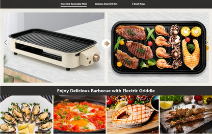 Electric Grill 2-in-1 Indoor BBQ & Frying Pan – 1500W Temperature Control, Non-Stick Detachable Cooking Board, Portable Electric Grill for Meat, Dishwasher Safe, Christmas Gift Idea with Gift Bag