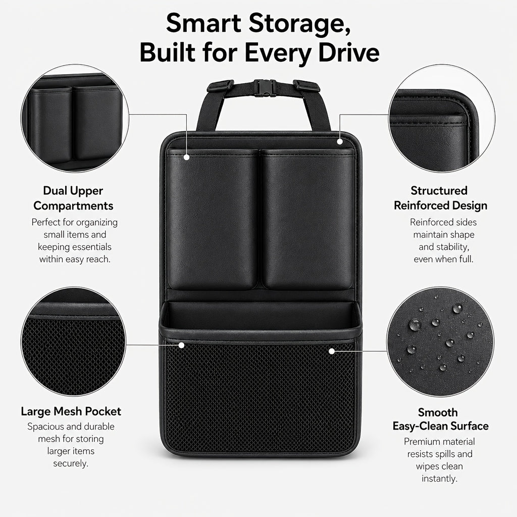 QIANKUNBAG Premium PU Leather Car Organizer Trunk Organizer with Multi-Pocket Storage, Adjustable Straps & Bottle Slots - Versatile Automobile Accessories for Organization And Travel