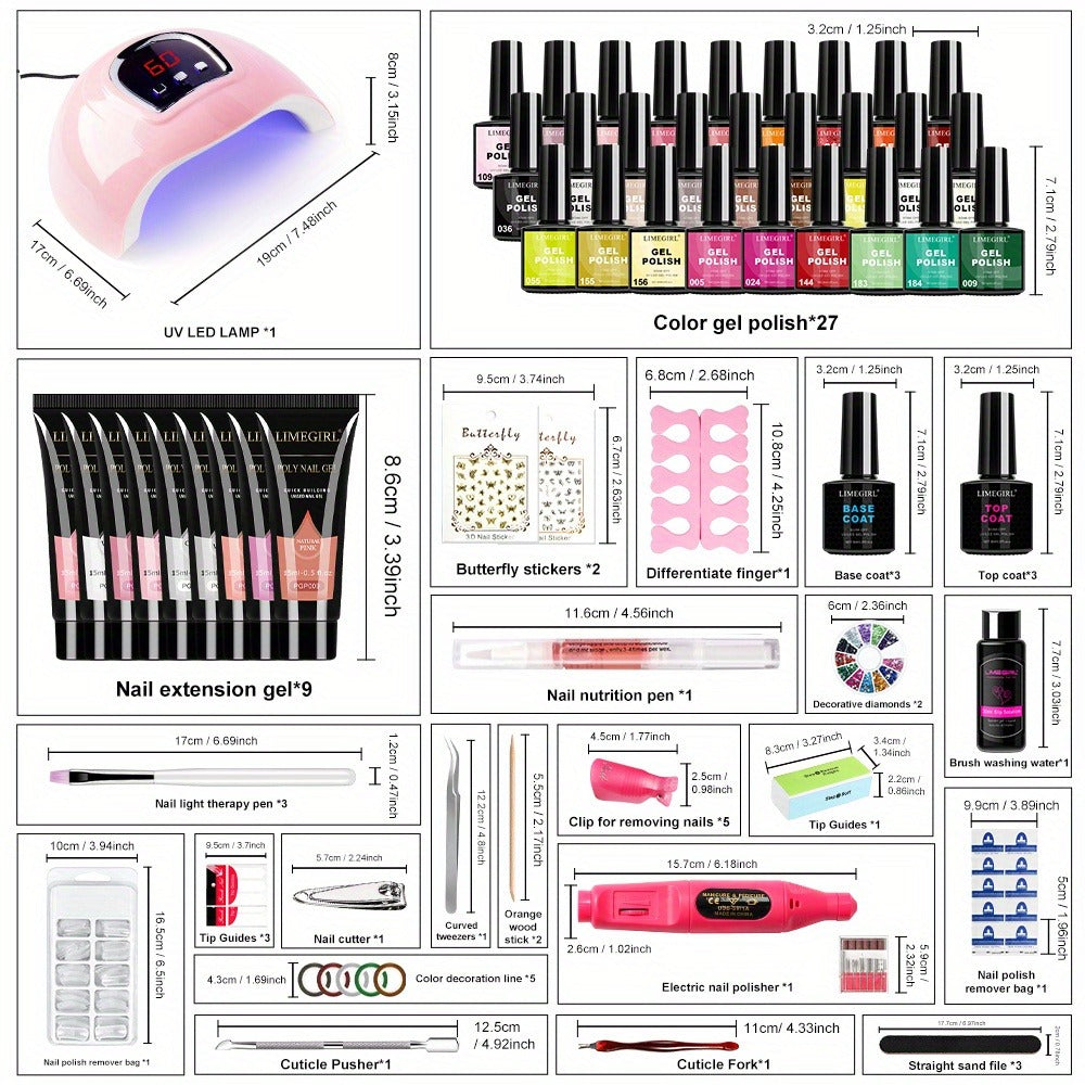 36-Color Polygel Nail Extension Kit with LED UV Lamp – Complete Poly Gel Starter Set with Dual Forms, Slip Solution, Nail Art Brush, Base & Top Coat for Salon-Quality Nail Extensions at Home for Beginners & Professionals