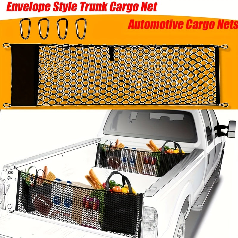 Envelope Style Trunk Cargo Net for Ford Maverick 2022-2024 Accessories, Heavy Duty Carabiners Highly Elastic Truck Bed Mesh Cargo Net- Premium Nylon Car Interior Accessories- Adjustable Elastic Trunk Organizer for SUV, Sedan And Trucks