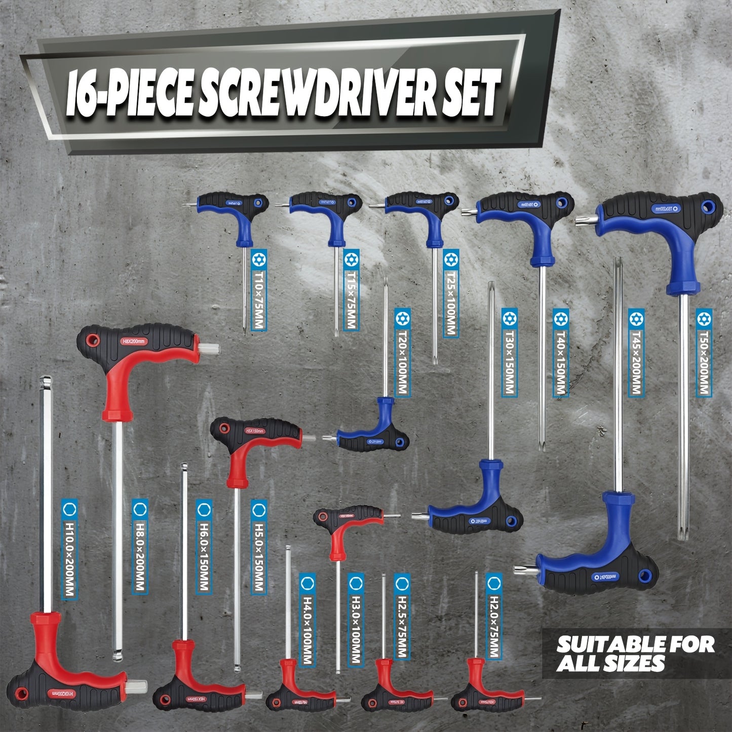 16pcs Professional Hex Wrench Set, Long Ball And Star Hex, T-Handle, Color-Coded, Chrome Vanadium Steel, for Bicycle Repair And, Sizes 1.5-10Mm, T10-T50, 1/16-3/8