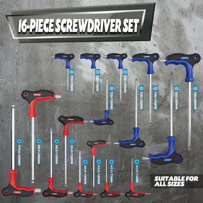 16pcs Professional Hex Wrench Set, Long Ball And Star Hex, T-Handle, Color-Coded, Chrome Vanadium Steel, for Bicycle Repair And, Sizes 1.5-10Mm, T10-T50, 1/16-3/8