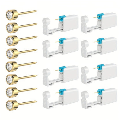 Disposable Ear Piercing Gun Set 8pcs - Stainless Steel Ear Stud Piercing Tool Kit, Safe Portable Self-Piercing Device with Hypoallergenic Earrings for Home Use, Silver & Gold