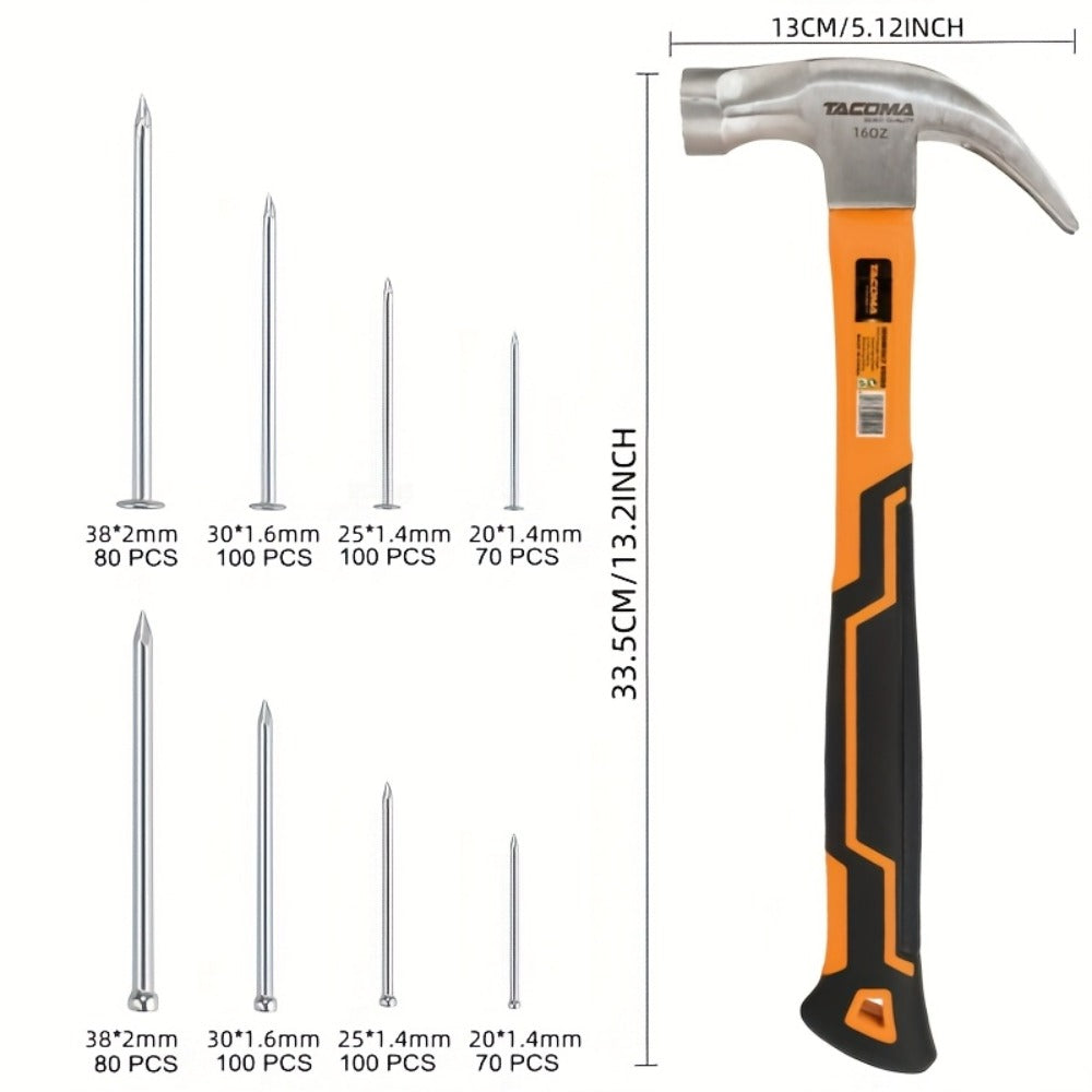 Claw Hammer & 700-Piece Nail Kit – 8oz or 16oz Forged Steel Magnetic Hammer with Galvanized Picture Hanging & Finishing Nails, Home Repair & DIY Wall Hanging Tool Set
