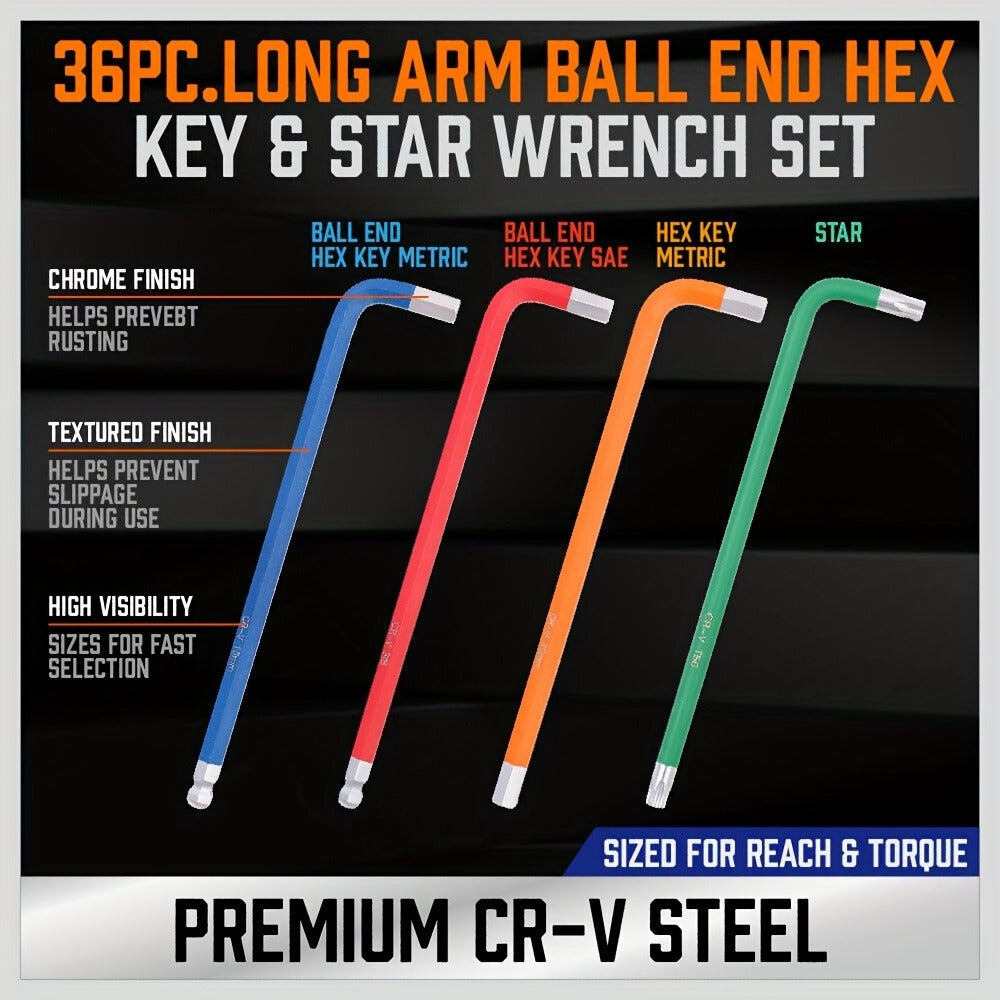 Allen Wrench Set Ball End Hex Key - SAE & Metric Color-Coded with T-Handle & Torx Keys Chrome Vanadium Steel for Bicycle Repair Auto DIY Home Improvement