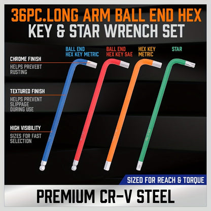 Allen Wrench Set Ball End Hex Key - SAE & Metric Color-Coded with T-Handle & Torx Keys Chrome Vanadium Steel for Bicycle Repair Auto DIY Home Improvement