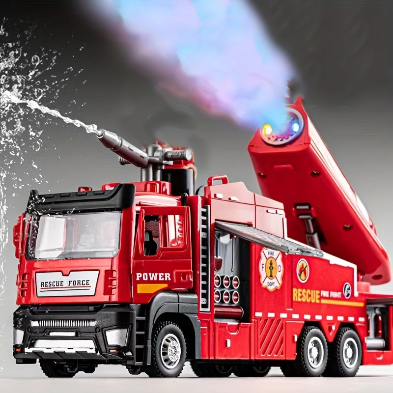 Zinc Alloy Fire Truck Toy with Water Mist Spray, Pull Back Fire Engine with Lights & Sounds – Die-Cast Fire Rescue Truck for Kids Boys Girls Birthday Holiday Gift