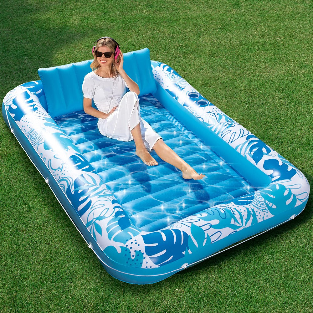 XL Inflatable Tanning Pool Float 85x57 Inch – 4-in-1 Suntan Tub Raft with Built-In Pillow, Sunbathing Bed Lounge & Ball Pit for Adults | Oversized Floating Mattress for Pool Lake Beach, Blue