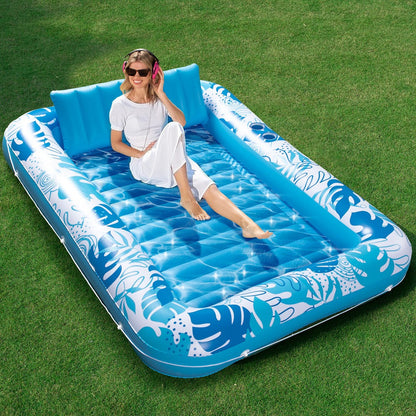 XL Inflatable Tanning Pool Float 85x57 Inch – 4-in-1 Suntan Tub Raft with Built-In Pillow, Sunbathing Bed Lounge & Ball Pit for Adults | Oversized Floating Mattress for Pool Lake Beach, Blue