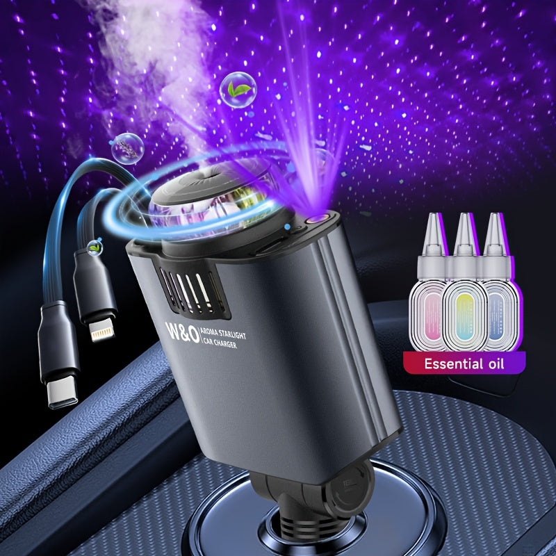 [Christmas Gift] Three-In-One Multifunctional Car Charger, Perfume Machine, Starry Sky Ceiling Light, Dual 80cm/32inch Type-C+Lightning Retractable Cable, Air Freshener, Adapter For IPhone 16/15/Plus/Pro Max, For S25/24, Great Christmas Birthday Gift