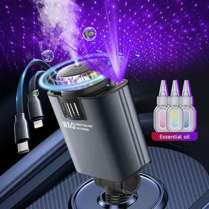 [Christmas Gift] Three-In-One Multifunctional Car Charger, Perfume Machine, Starry Sky Ceiling Light, Dual 80cm/32inch Type-C+Lightning Retractable Cable, Air Freshener, Adapter For IPhone 16/15/Plus/Pro Max, For S25/24, Great Christmas Birthday Gift