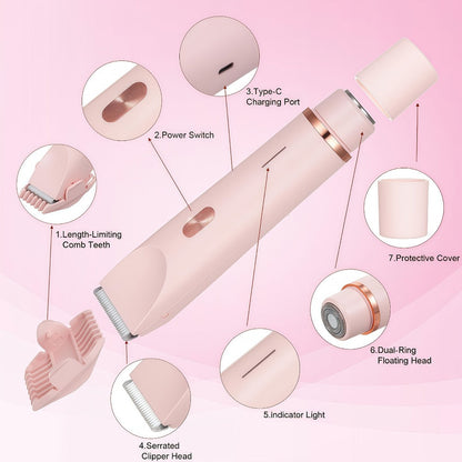 Electric Hair Trimmer for Women Dual Head IPX7 Waterproof USB Rechargeable Painless Bikini Trimmer Face Body Shaver Arms Legs Underarm Bikini Line Sensitive Skin Pink Special Edition Gift Set