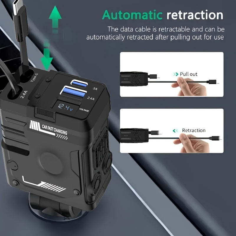 Mech Style Super Fast Car Charger, 4 In 1 Retractable Car Phone Charger 120W, Retractable Cables For Iphone And USB Car Charger, Compatible With for iphone 14/13/12/11, Galaxy, Pixel - For Ios And Android(Gift Magnetic Holders Included)