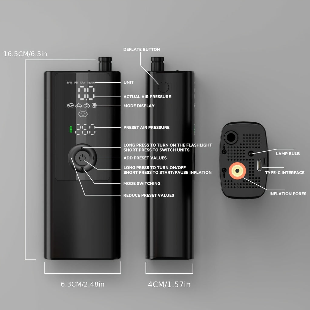 Portable Tire Inflation Pump - Wireless Electric Inflator, Equipped with Tire Pressure Gauge, LED Lighting, Inflation Nozzle with Multifunctional Adapter, Suitable for Cars, Motorcycles, Bicycles, Balls, Etc, Tire Pump And Jumper, Tire Air Compressor