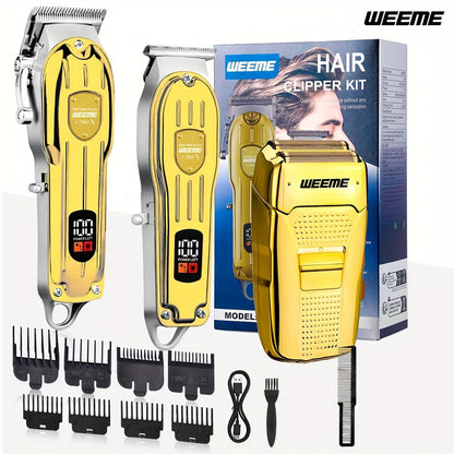 T-Blade Hair Clipper Set for Men - Golden Series USB Rechargeable Trimmer Kit with Guide Combs & Cleaning Brush, 1pc 2pcs 3pcs Options, Edge-Up Fade Beard Grooming, Gift for Men