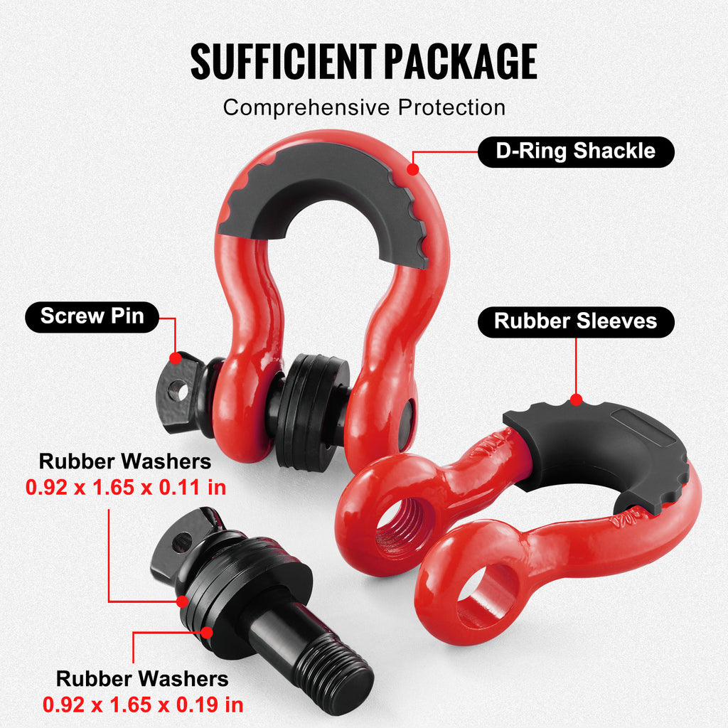 VEVOR 3/4" D-Ring Shackle, 2 Pack Alloy Steel Shackles 62832 lbs (28.5 Ton) Break Strength with 7/8" Screw Pin, Isolators & Washers, Heavy Duty Off Road Vehicle Recovery Shackle for Jeep Truck,Orange/Black/Red