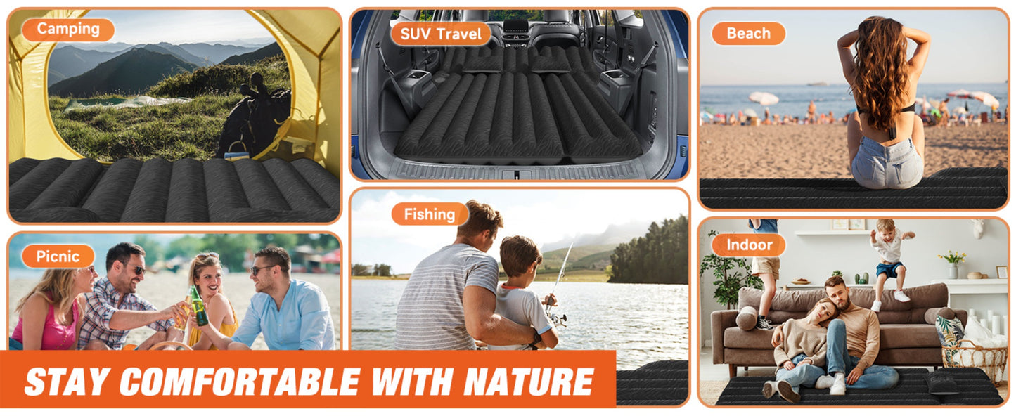 SUV Air Mattress for Camping Inflatable Car Bed with Air Pump 2 Pillows Flocking Surface Portable Sleeping Pad for SUV Backseat Road Trip Family Travel, Black
