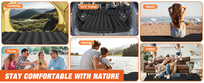 SUV Air Mattress for Camping Inflatable Car Bed with Air Pump 2 Pillows Flocking Surface Portable Sleeping Pad for SUV Backseat Road Trip Family Travel, Black