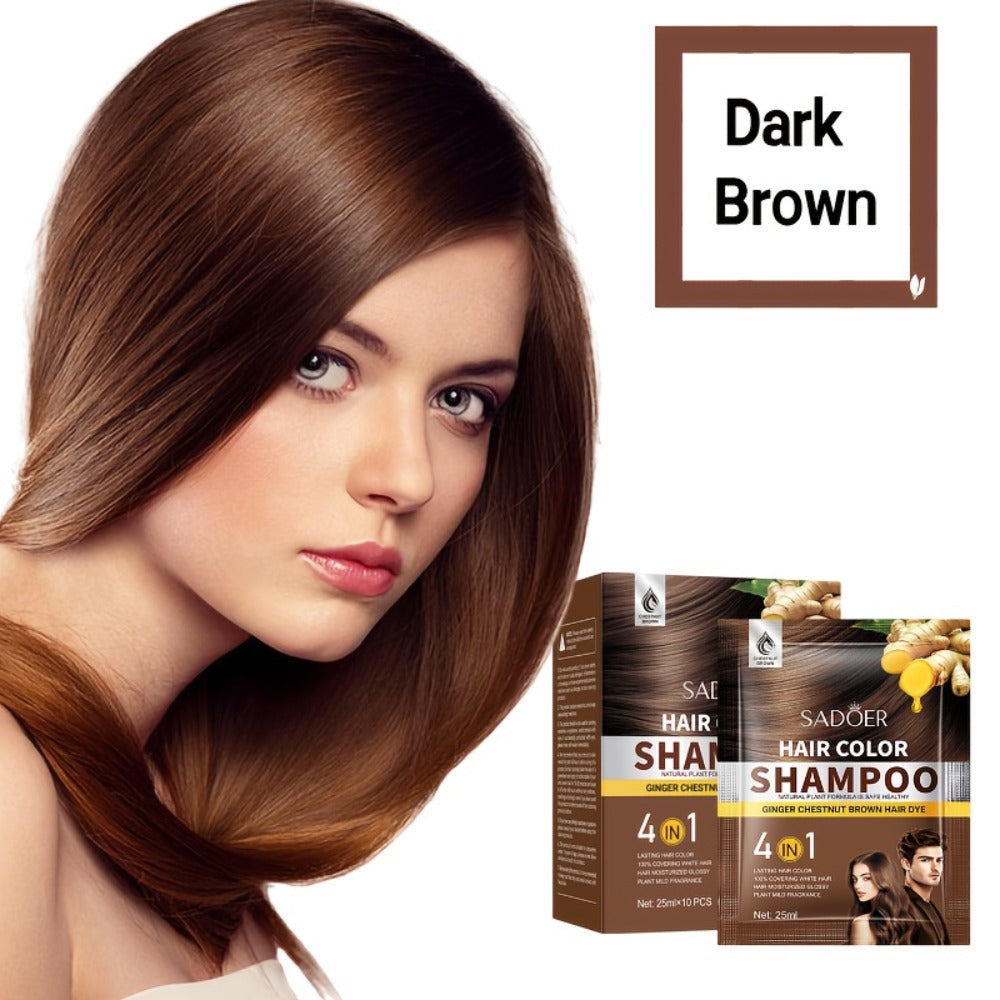 3-in-1 Hair Color Shampoo 10-Pack Single-Use Sachets Natural Dye Deep Cleansing Moisturizing Gel — Gray Coverage Portable At-Home Hair Coloring Unisex Black Brown Red Purple