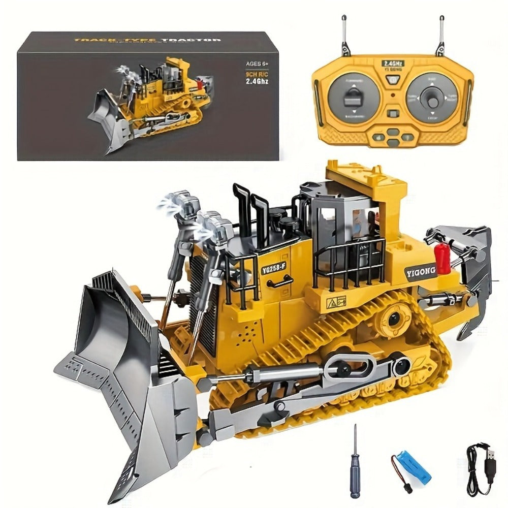 RC Bulldozer 9-Channel 2.4GHz Remote Control – Multifunctional Engineering Vehicle Toy with Alloy Metal Cover | Indoor Outdoor RC Construction Toy, Birthday & Christmas Gift for Boys Ages 6+