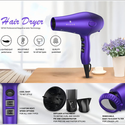 Lightweight Low Noise Ionic Hair Dryer 1875W Ceramic Negative Ion - 3rd Gen Blow Dryer 2 Speed 3 Heat Cool Shot Diffuser Concentrator Comb for Women Purple