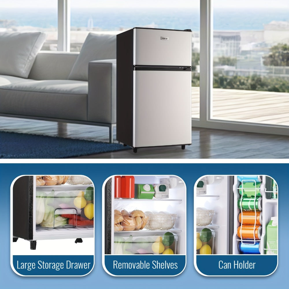 Small Fridge with Freezer, 2-Door Compact Refrigerator with 7-Level Adjustable Thermostat, Removable Shelves & Basket – 2.5 or 3.5 Cu Ft Silver Mini Fridge for Dorm, Office, RV and Bedroom