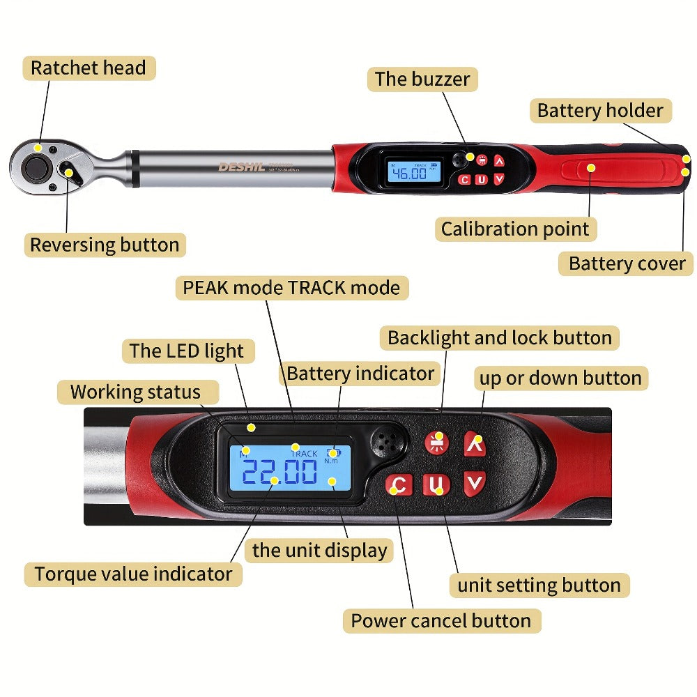 Digital Torque Wrench - 1/2" & 3/8" Drive, ±1% Accuracy, LED & Buzzer Alert, 4 Units, 500 Data Sets, Preset P1-P8, Chrome Vanadium Steel for Auto, Bike & Motorcycle