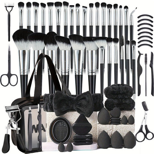 68PCS Makeup Tool Set 30 Black Brushes 17 Eyelash Tools with Wash Bowl & Bag - Complete Face Eye Lash Kit Foundation Contour Blush Eyeshadow Highlight Brushes - Travel Salon Gift for Women