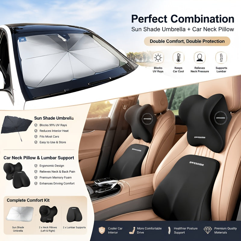 Premium Comfort Car Accessories, All-in-One Car Comfort Kit: Windshield Sun Shade + Memory Foam Neck Pillow & Lumbar CushionThis 2pcs Memory Foam Car Headrest And Lumbar Support Set Cools Down Your Car Interior, Eases Neck Tension And Delivers