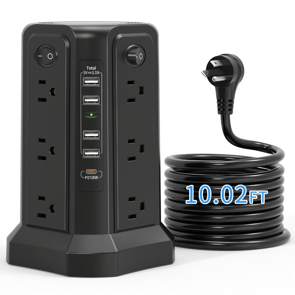 Surge Protector Power Strip Tower with 12 AC Outlets 5 USB Ports 8.8FT Extension Cord Night Light 4 Individual Switches Overload Protection for Home Office Desk Dorm Room