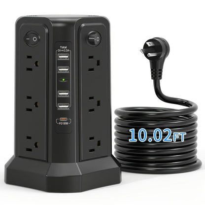 Surge Protector Power Strip Tower with 12 AC Outlets 5 USB Ports 8.8FT Extension Cord Night Light 4 Individual Switches Overload Protection for Home Office Desk Dorm Room