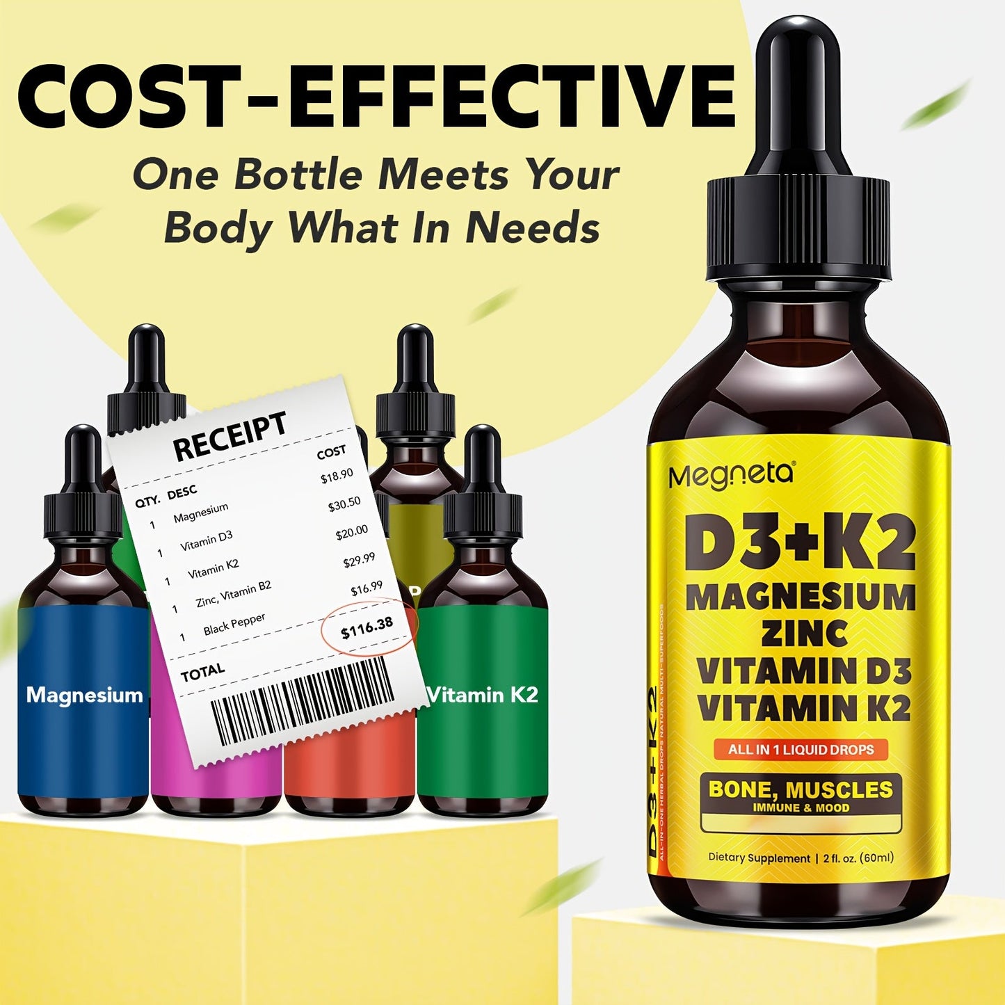 Vitamin D3 Liquid Drops 10000 IU with K2 MK-7 120mcg Magnesium Zinc Vitamin B2 — Sugar-Free High Potency D3 K2 Formula for Calcium Absorption Bone Immune Mood Health 2 fl oz