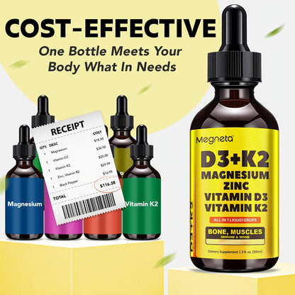 Vitamin D3 Liquid Drops 10000 IU with K2 MK-7 120mcg Magnesium Zinc Vitamin B2 — Sugar-Free High Potency D3 K2 Formula for Calcium Absorption Bone Immune Mood Health 2 fl oz