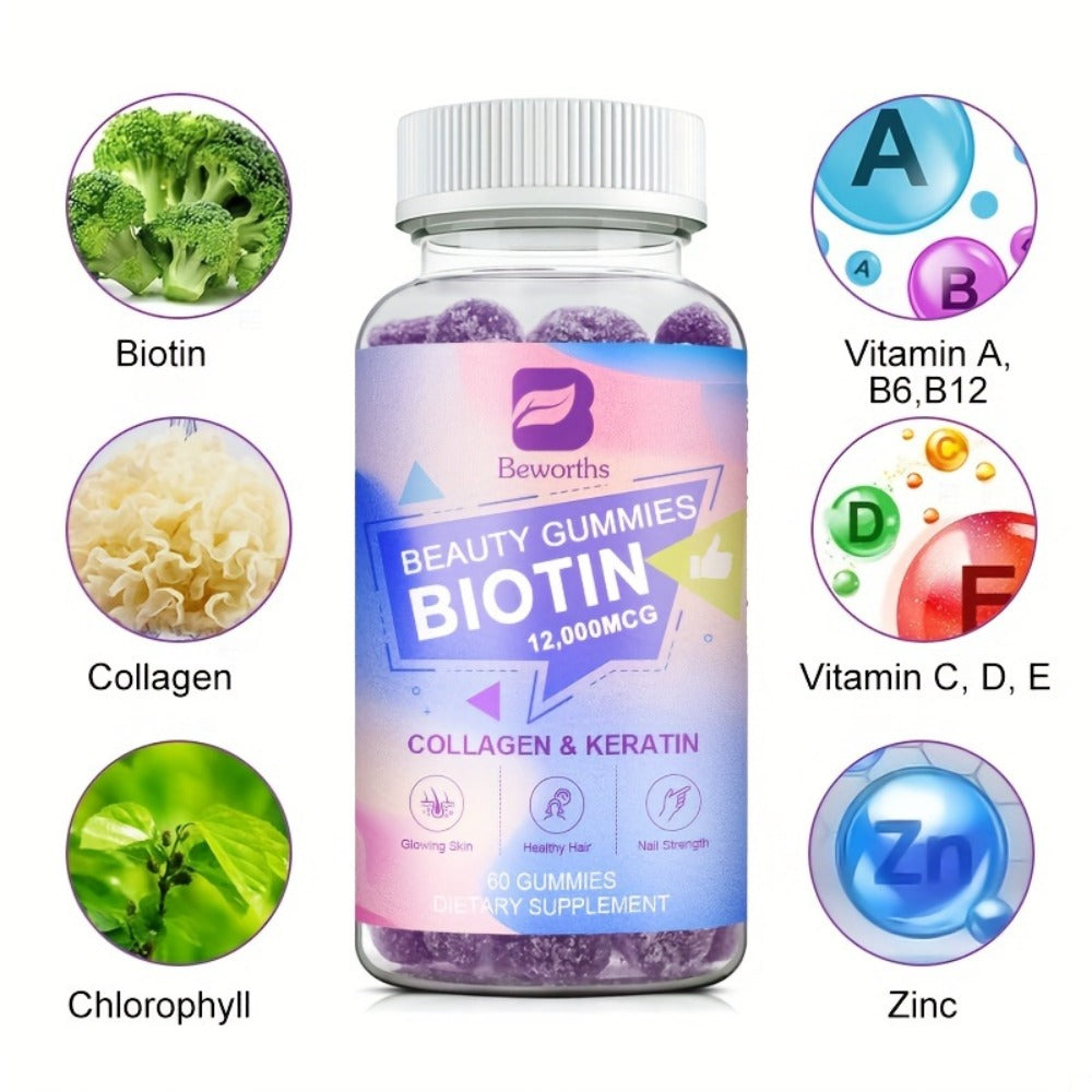 Biotin Gummies 12000mcg — with Collagen, Keratin, Chlorophyll, Zinc & Vitamins A B6 B12 C D E | Hair, Skin & Nail Support for Women & Men | 60 Gummies