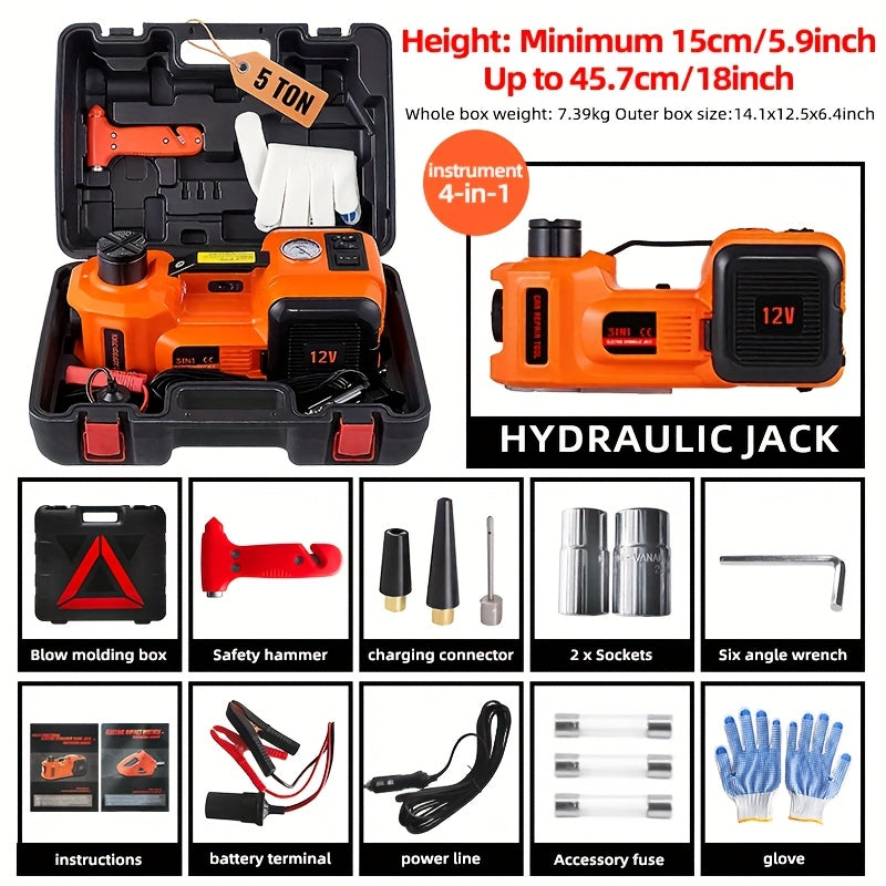 KD FANS Hydraulic Car Jack 12V Electric Jack Kit - 5 Ton/11, 000 LBS Portable Electric Vehicle Jack Kit, Off-Road Emergency Roadside Kit with Raised Wrench And Air Compressor for Tire Change And Garage Repair, Without Battery