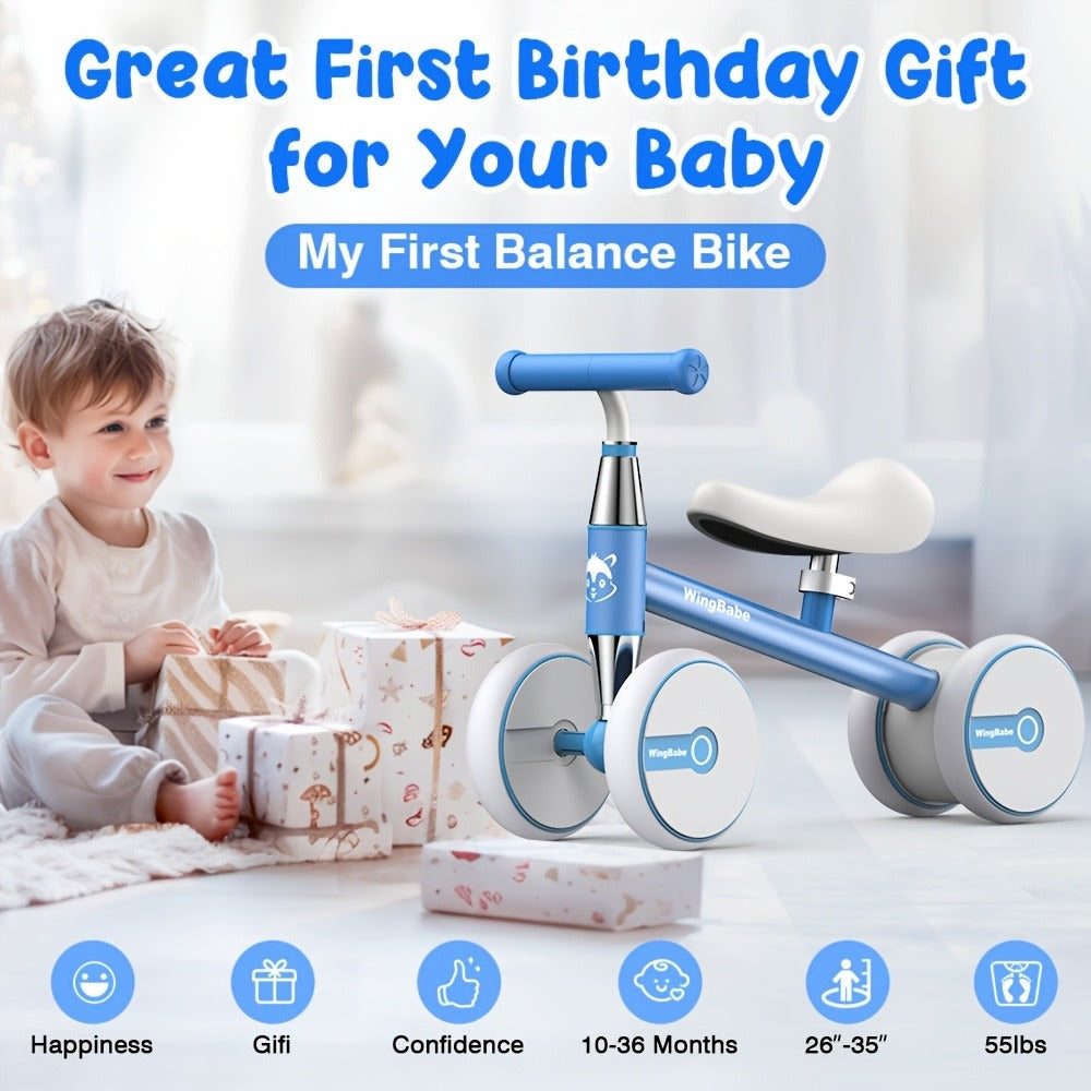 4 Wheel Balance Bike for Baby Toddlers 10-36 Months – Lightweight First Bike with Adjustable Seat, 90° Steering Limit & Silent Anti-Slip Tires | Best 1st Birthday Gift for Boys and Girls