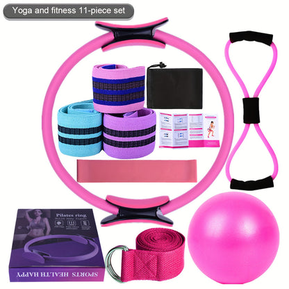 Yoga Fitness Set 11-Piece – Elastic & Resistance Bands, Yoga Ball, Stretching Band & Pilates Abdominal Hip Training Kit for Women Home Workout