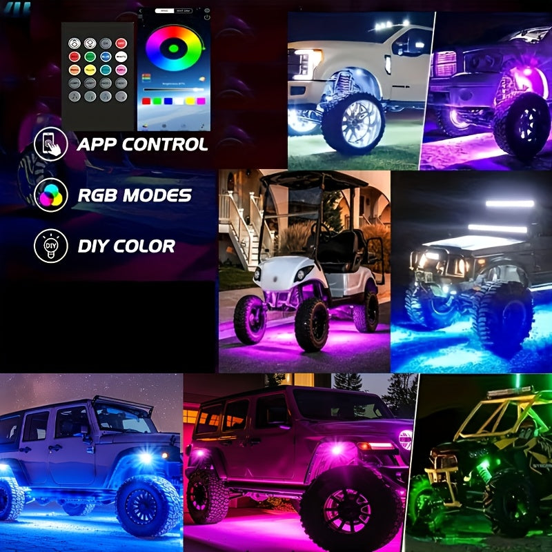 8pcs And 4pcs - 15 LED/8 Pods Metal Alloy Upgraded LED Rock Lights, Suitable for Trucks, RGB LED Rock Lights with APP/music Mode, Suitable for Jeeps, Trucks, UTVs, SUVs And Golf Carts, Neon Light Chassis Kits for Backlights, Car Accessories
