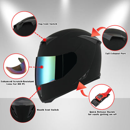 Motorcycle Full Face Helmet with Tinted Shield & Spare Clear Shield Quick Release Buckle Lightweight Aerodynamic Removable Washable Interior, Multiple Colors S M L XL