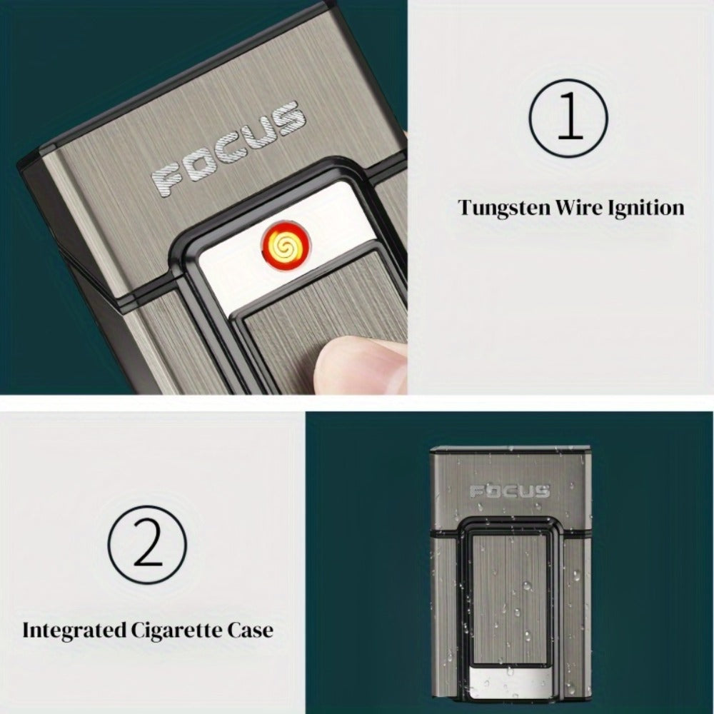 Cigarette Case with Built-in USB Rechargeable Lighter, Tungsten Filament Windproof Electric Igniter, One-Button Pop-Up, Holds 20 Cigarettes, Compatible with Soft & Hard Packs – Travel Cigarette Holder