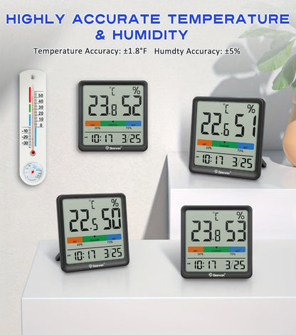 Indoor Thermometer Hygrometer Digital | Accurate Temperature Humidity Monitor with Clock & Calendar | Desktop Room Humidity Gauge for Home Office Bedroom Baby Room