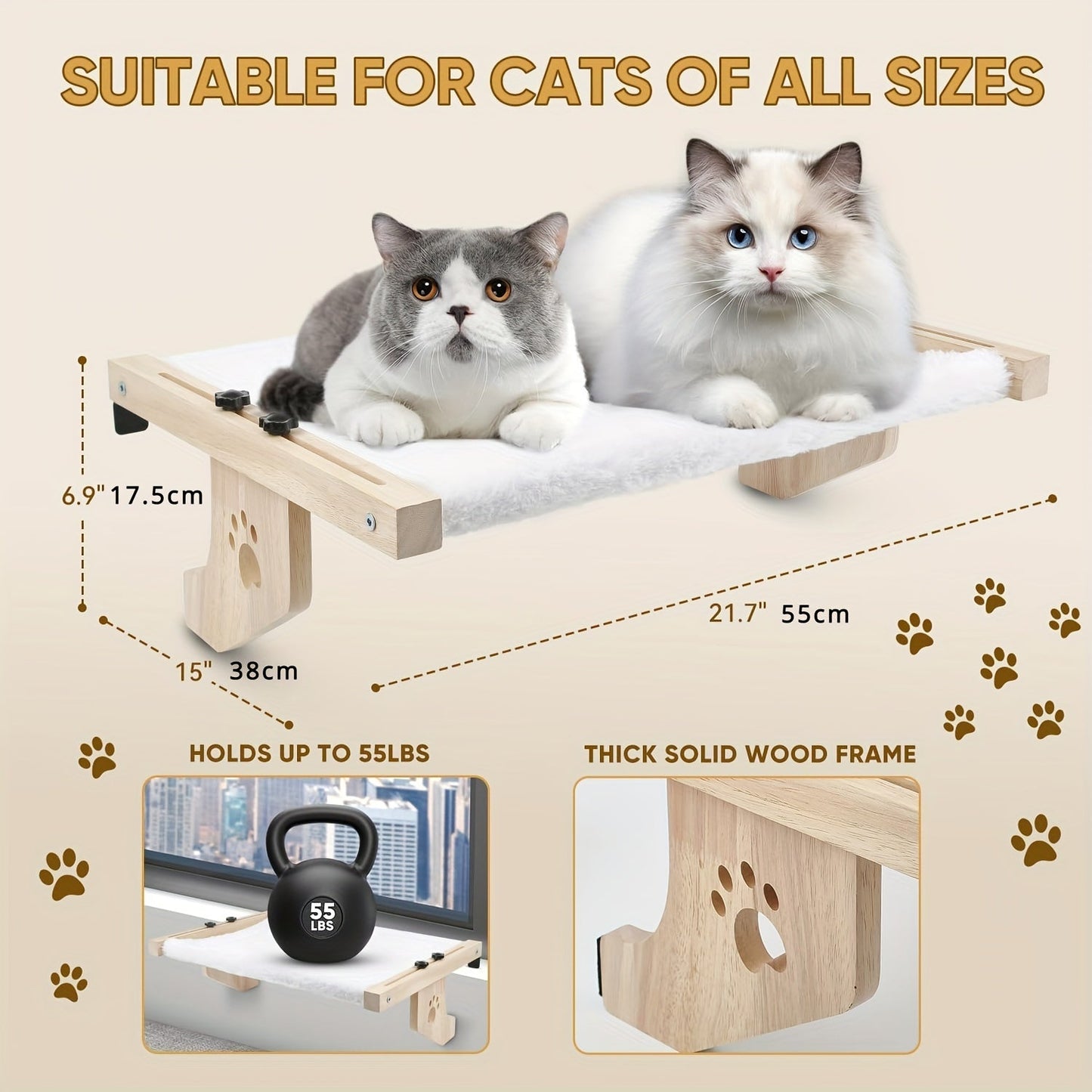 Cat Window Perch Hammock - Wood & Metal Frame Windowsill Seat for Large Indoor Cats, Adjustable Cat Shelf for Window Sill Bedside Drawer Cabinet, Space-Saving Cat Bed Lounger Sunbathing Perch