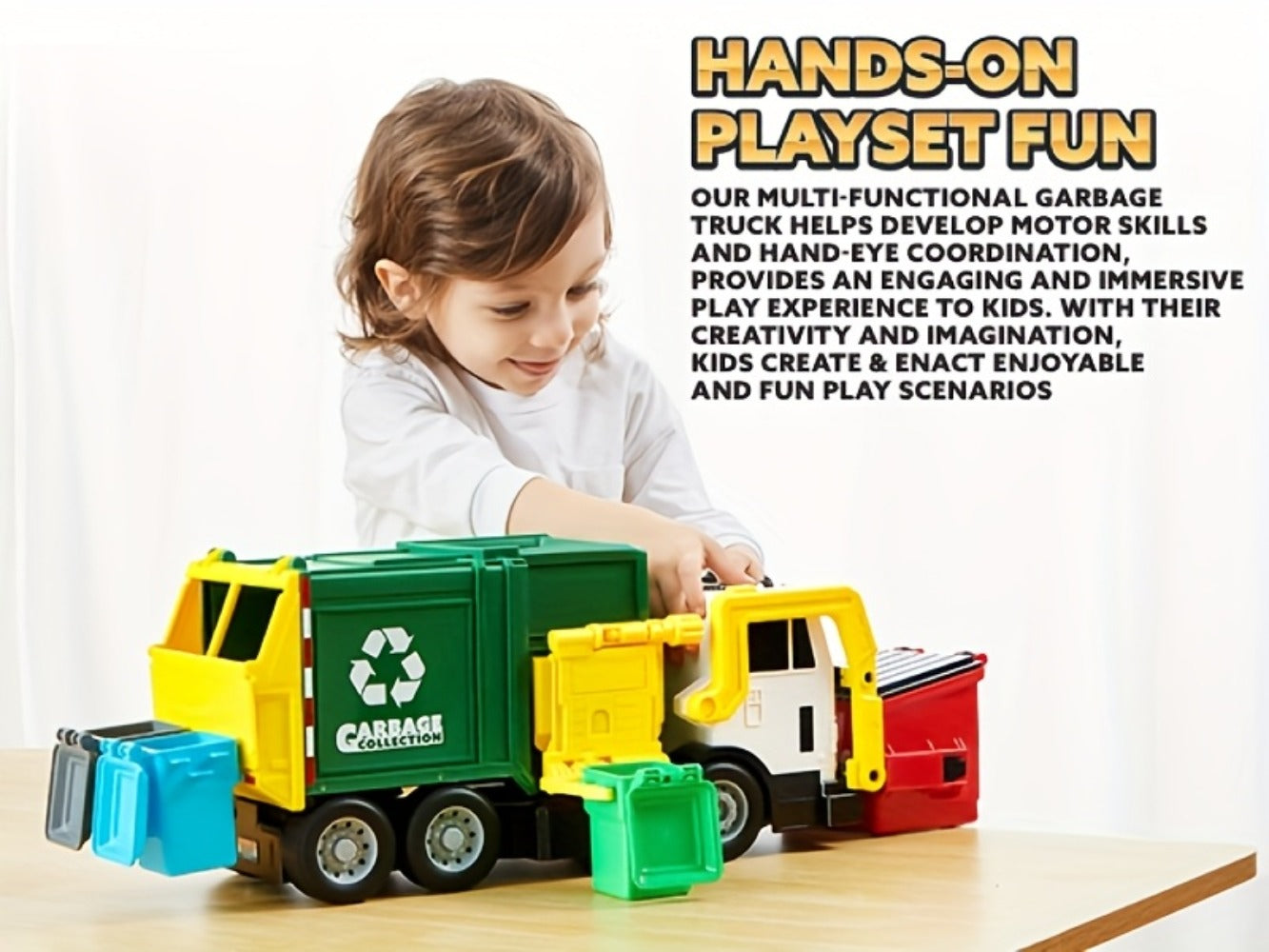 Garbage Truck Toy Set 16-Inch Large Friction-Powered with Lights & Sounds, Color-Coded Trash Bins, Garbage Sorting Learning Cards – Educational Gift for Boys & Girls Ages 3+
