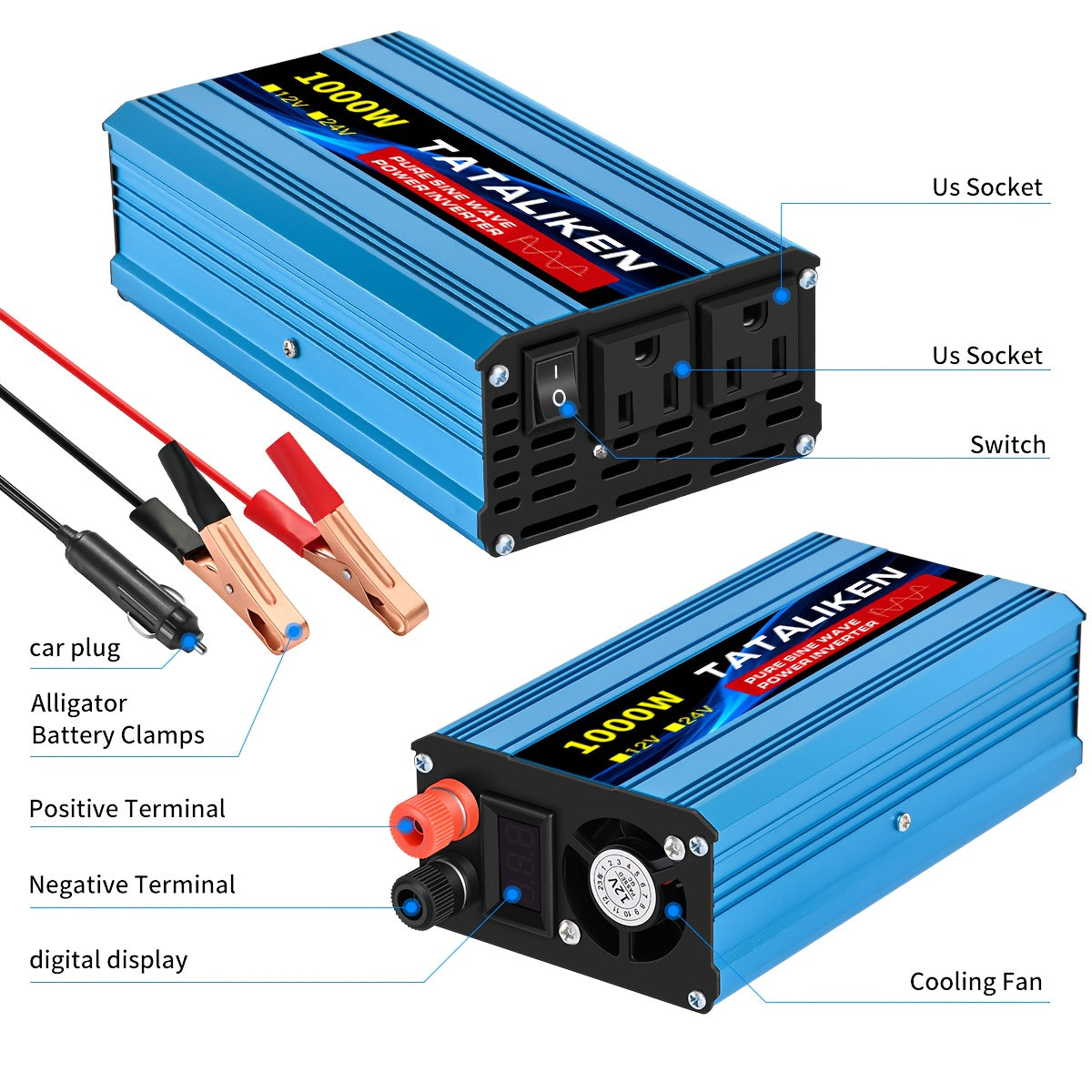 TATALIKEN Pure Sine Wave Inverter 1000W (peak) / 5000W (peak) Power, 12V/24V to 110V DC to AC, for Power Outages, Camping, Backup, And Automotive Accessories, Without Battery