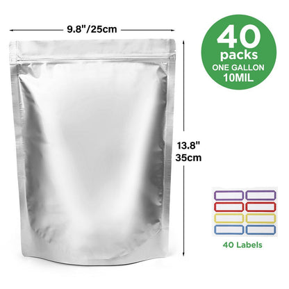 Mylar Bags for Food Storage 1 Gallon 10 Mil Thick – Resealable Zipper & Heat Seal, 40pcs or 100pcs with Label Stickers | Long-Term Food Storage Bags for Dry Goods, Prepping & Pantry Organization