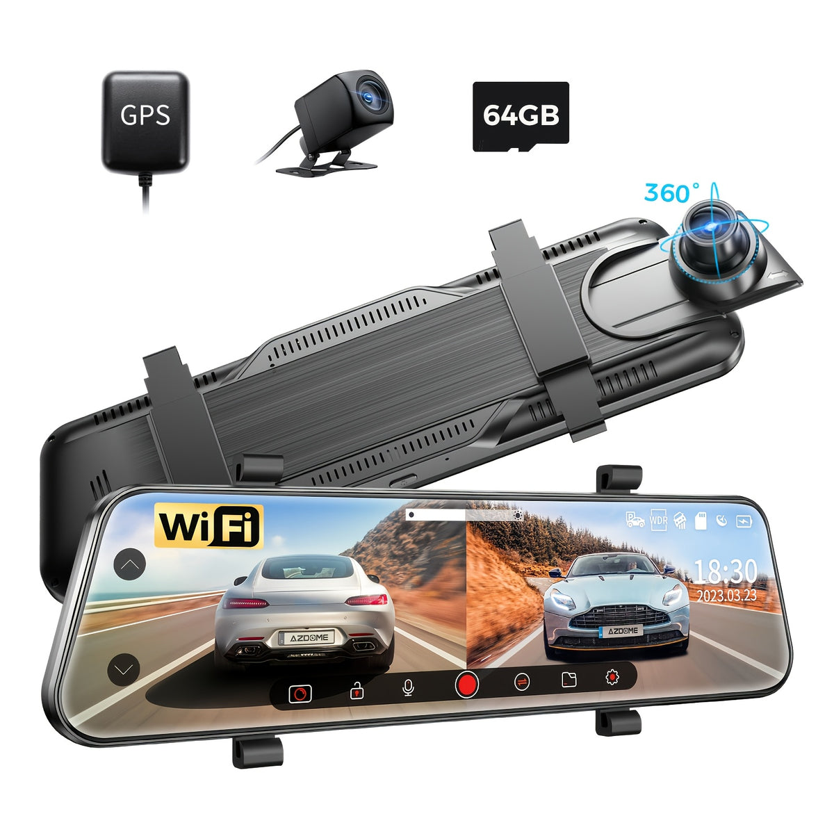 Dual-Recording Dash Cam with Touchscreen - WiFi, Front 1080P and Rear 720P, 10-inch In-Car Screen Recorder, Loop Recording, Super Night Vision, WDR, Parking Monitor, GPS Support, Voice Control, Easy Installation