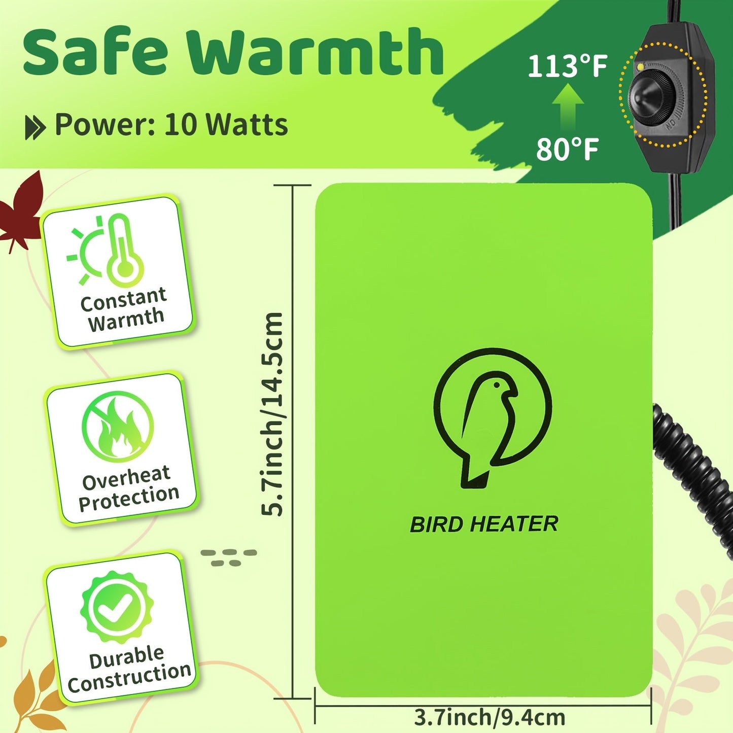 Bird Cage Heater 10W with Rotary Switch & Power LED Indicator – Heating Pad for Parrots, Parakeets, African Grey & Exotic Pet Birds, Anti-Bite Rope, 3.7×5.7 Inches