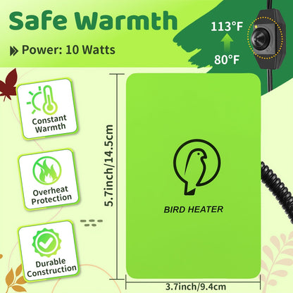Bird Cage Heater 10W with Rotary Switch & Power LED Indicator – Heating Pad for Parrots, Parakeets, African Grey & Exotic Pet Birds, Anti-Bite Rope, 3.7×5.7 Inches