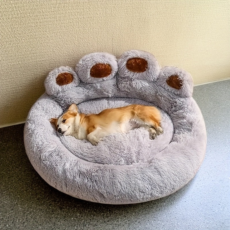 Dog Bed & Cat Bed Plush Bear Paw Print – Soft Warm Pet Bed for Small Medium Large Dogs, Thickened Long Plush, No Assembly, Autumn Winter Pet Sleeping Bed in Coffee Pink Gray